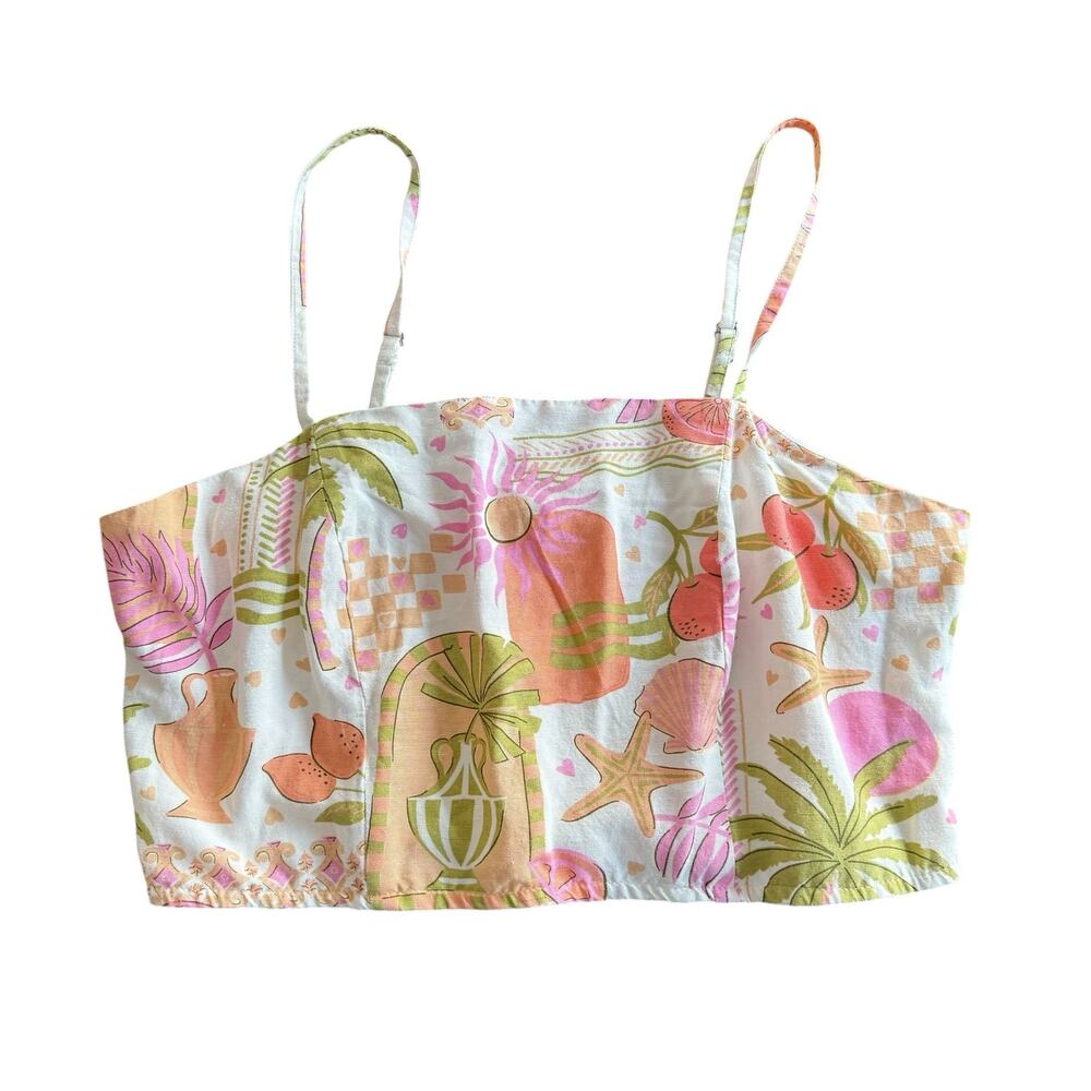 Midnight Sky Women's top, cropped, spaghetti straps, elastic, tropical pattern L
